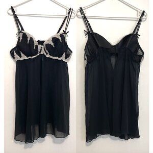 DELICATES Black Cream Ivory Lace Trim Underwired Semi Sheer Babydoll Lingerie L